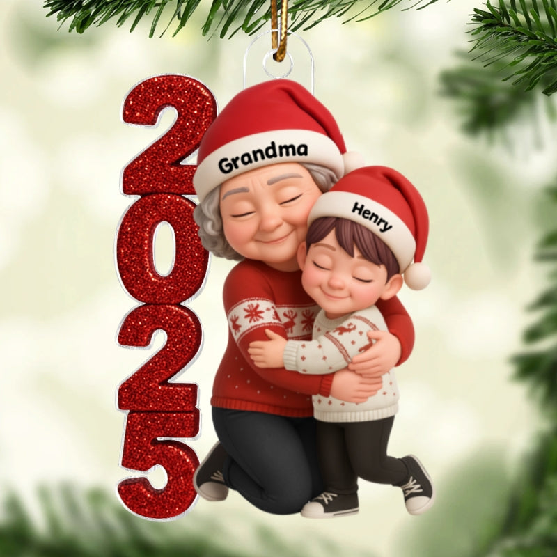 3D Crystal Effect 2025 Grandma Hugging Grandkids - Personalized Acrylic Ornament - Gift for Grandma, Grandkids