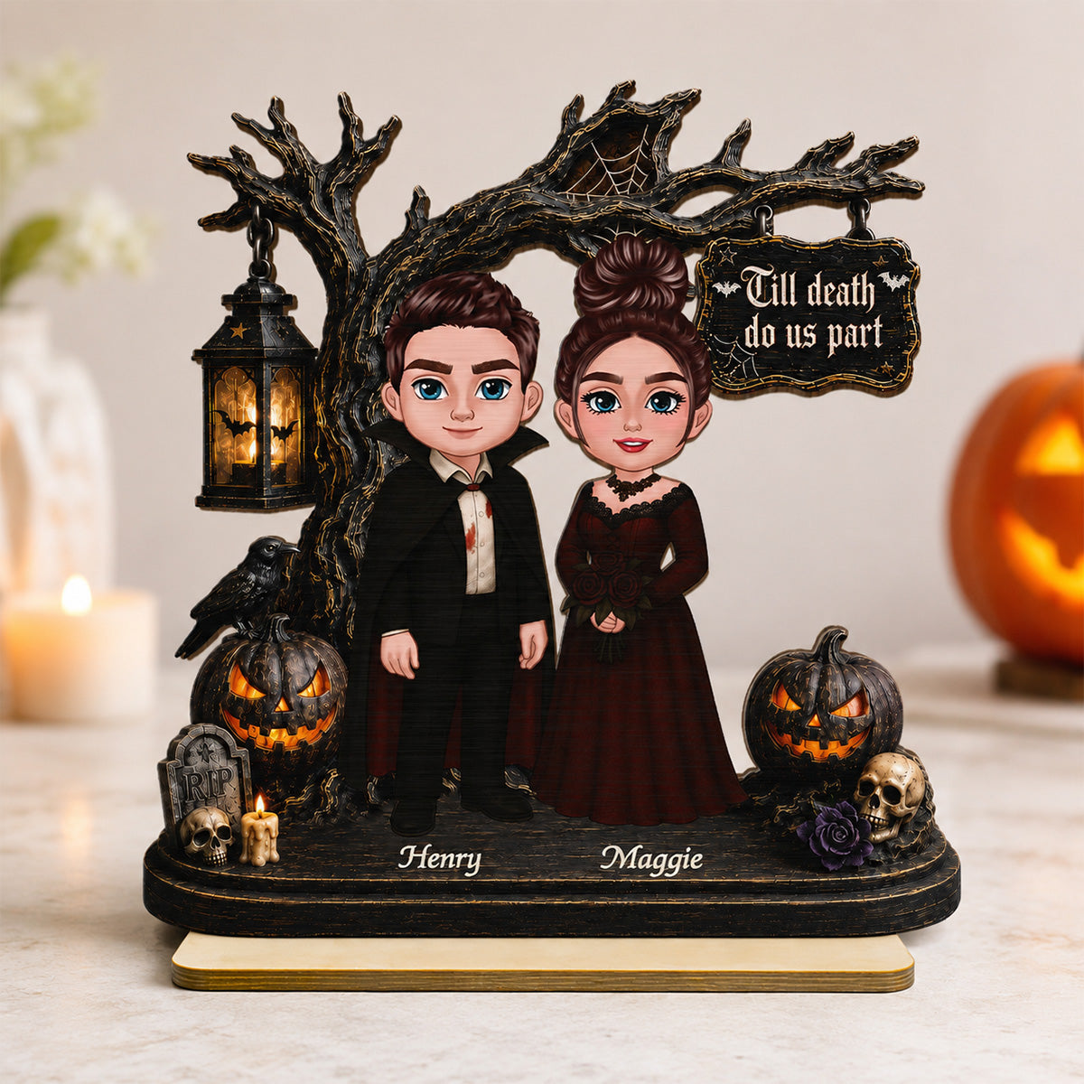 Couple Standing Under Spooky Halloween Tree 2D Flat - Personalized 2-Layer Wooden Plaque - Tabletop Tier Tray Wicca Pagan Decor
