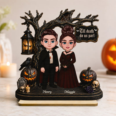 Couple Standing Under Spooky Halloween Tree 2D Flat - Personalized 2-Layer Wooden Plaque - Tabletop Tier Tray Wicca Pagan Decor