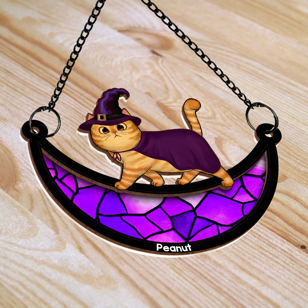 Halloween Cat Walking On Moon Personalized Suncatcher, Halloween Decoration
