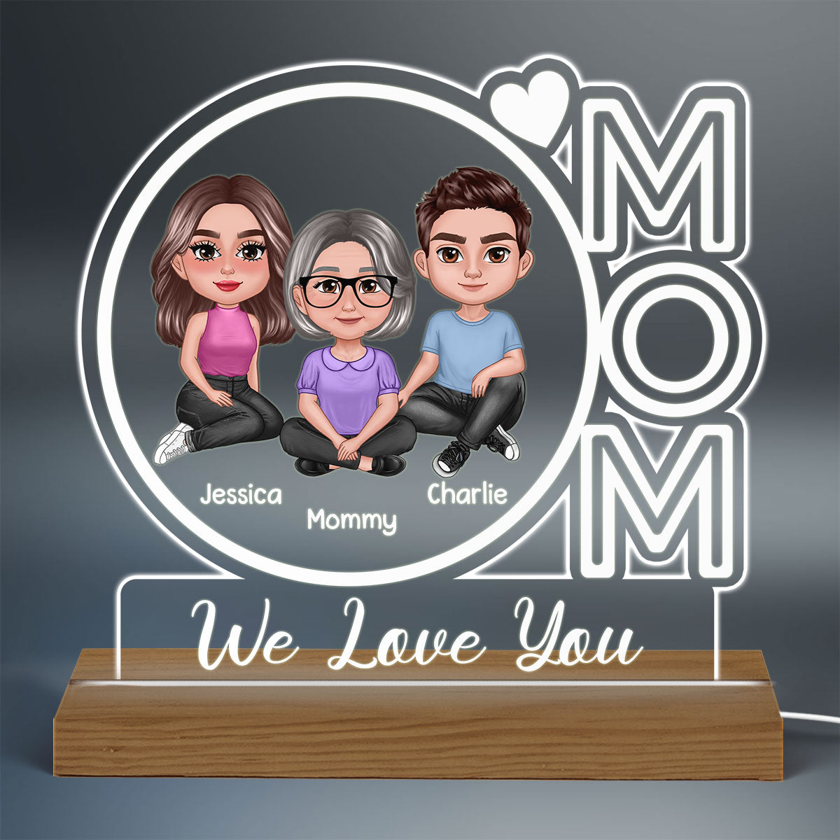 Mom We Love You Pretty Woman & Children Personalized Custom Shape Acrylic Plaque With Warm LED Night Light