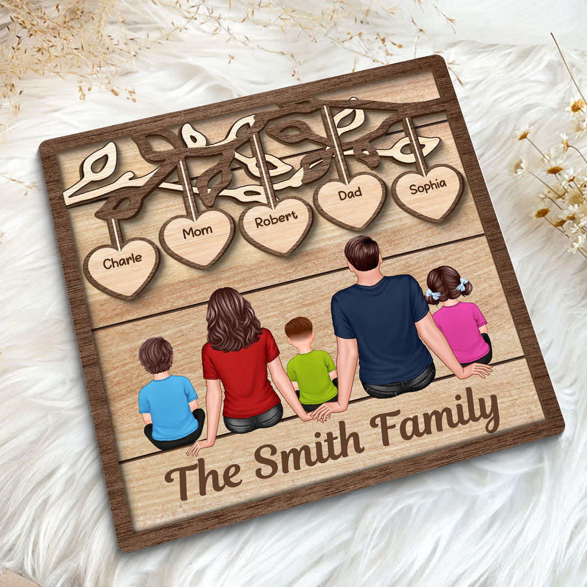 Family Dad Mom Kids Dogs Cats Under Tree Personalized 2-Layer Wooden Plaque
