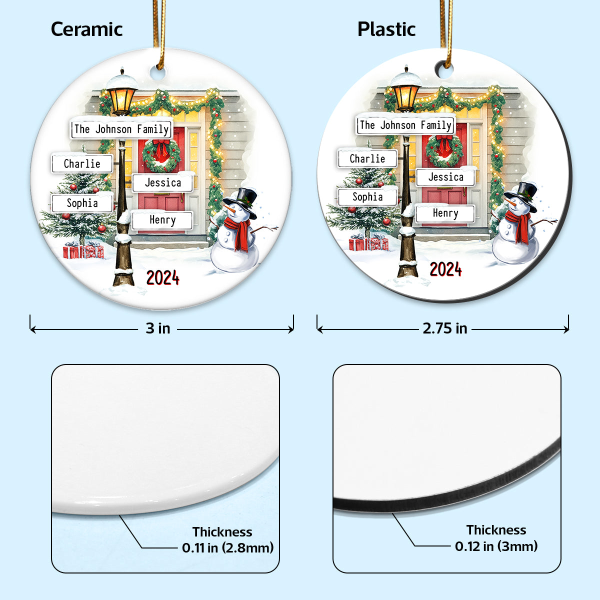 Family Christmas Street Lamp Directional Signs Personalized Ceramic Ornament, Christmas Gift For Family