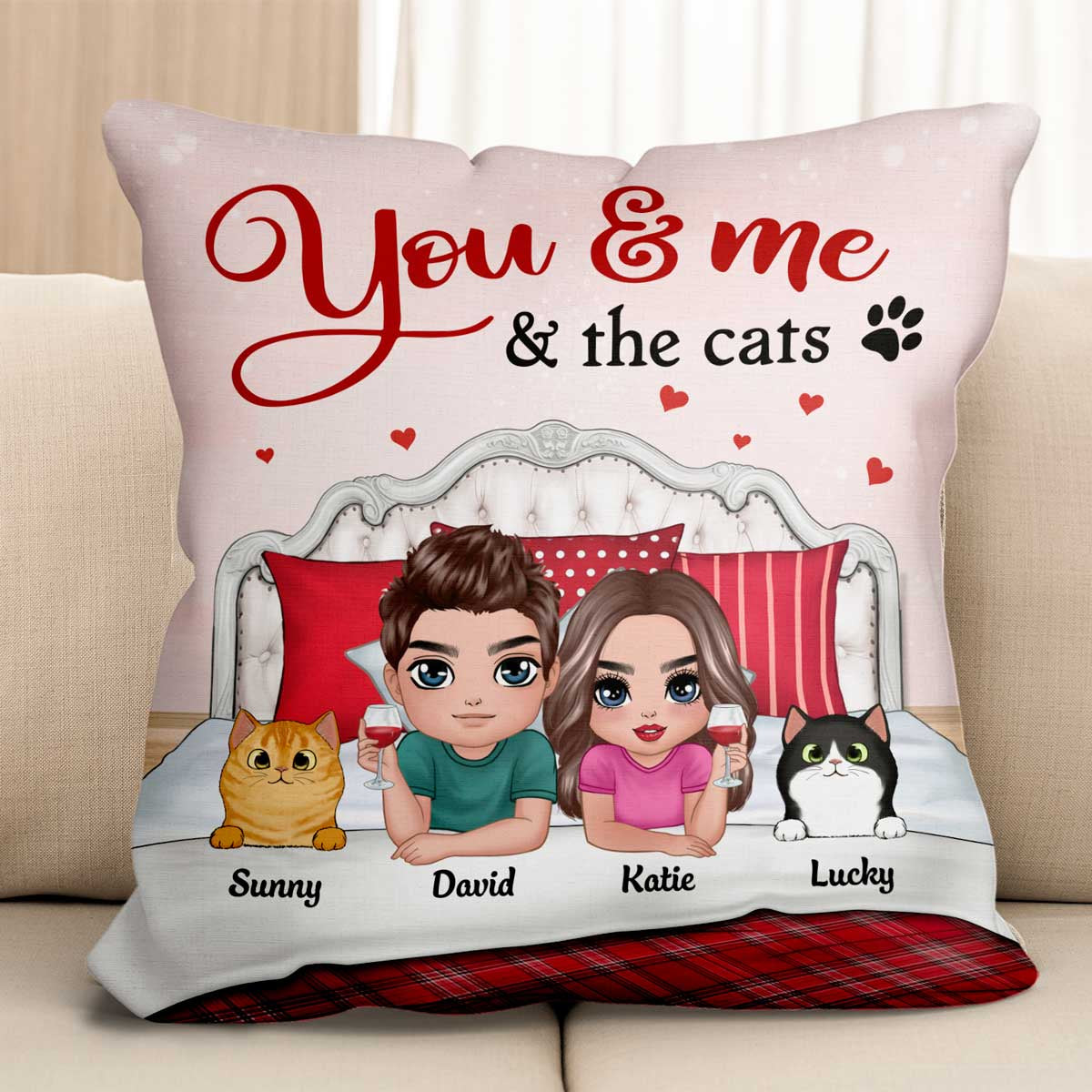 You Me & The Cat Dog Gift For Pet Lover Couple Personalized Pillow