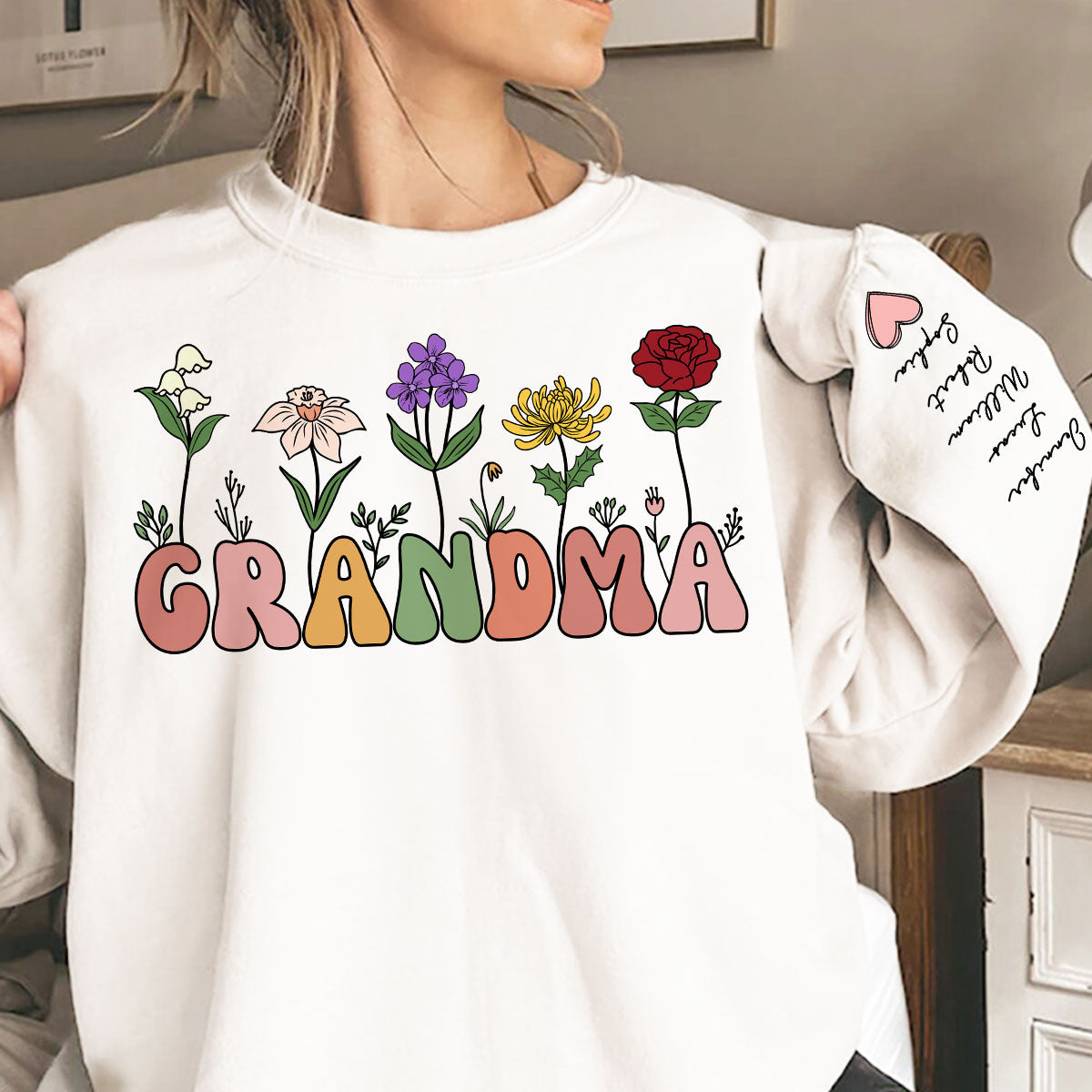 Grandma Retro Birth Month Flower Gift Personalized Sleeve Printed Sweatshirt