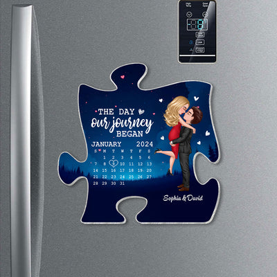 The Day Journey Began Couple Hugging Kissing Anniversary Calendar Keepsake Puzzle Shaped Personalized Acrylic Fridge Magnet