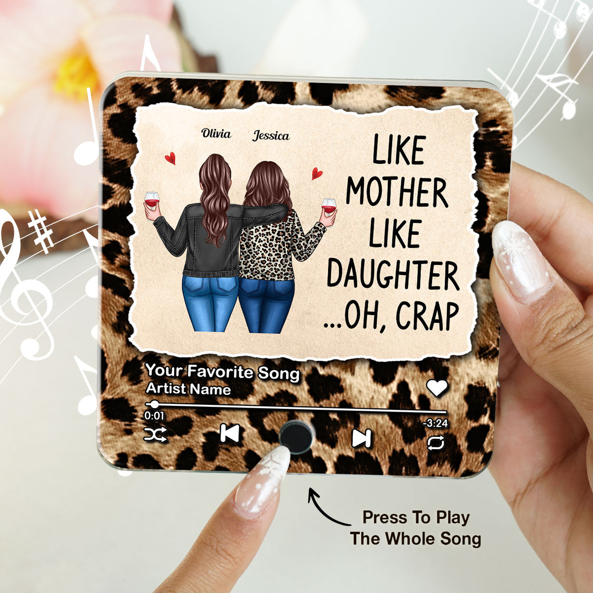 Like Mother Like Daughter Leopard Pattern Personalized Music Fridge Magnet, Funny Gift for Mom, Gift for her