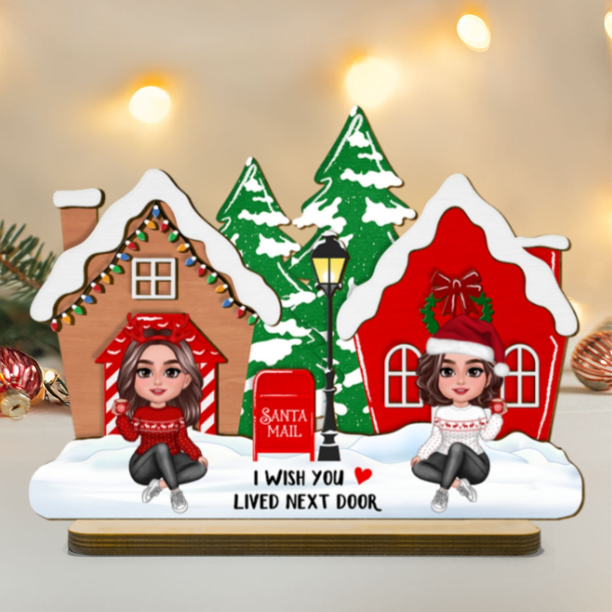 Wish You Lived Next Door Personalized 2-Layer Wooden Standing Plaque, Christmas Tiered Tray Decor