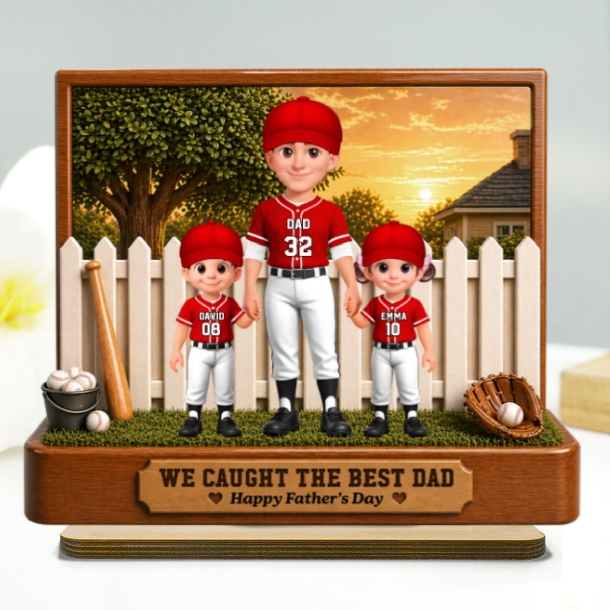 Baseball Dad And Kids Backyard We Caught The Best Dad - Personalized 2-Layered Wooden Plaque - Father's Day Gift For Dad