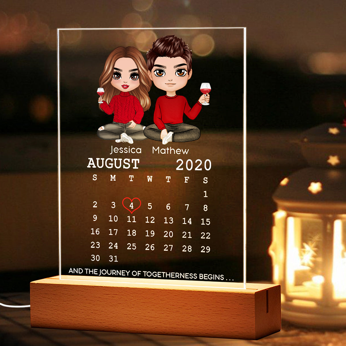 Doll Couple The Day We Calendar Personalized Acrylic Plaque With LED Night Light - Anniversary Gift For Couple - Gift For Him Gift For Her