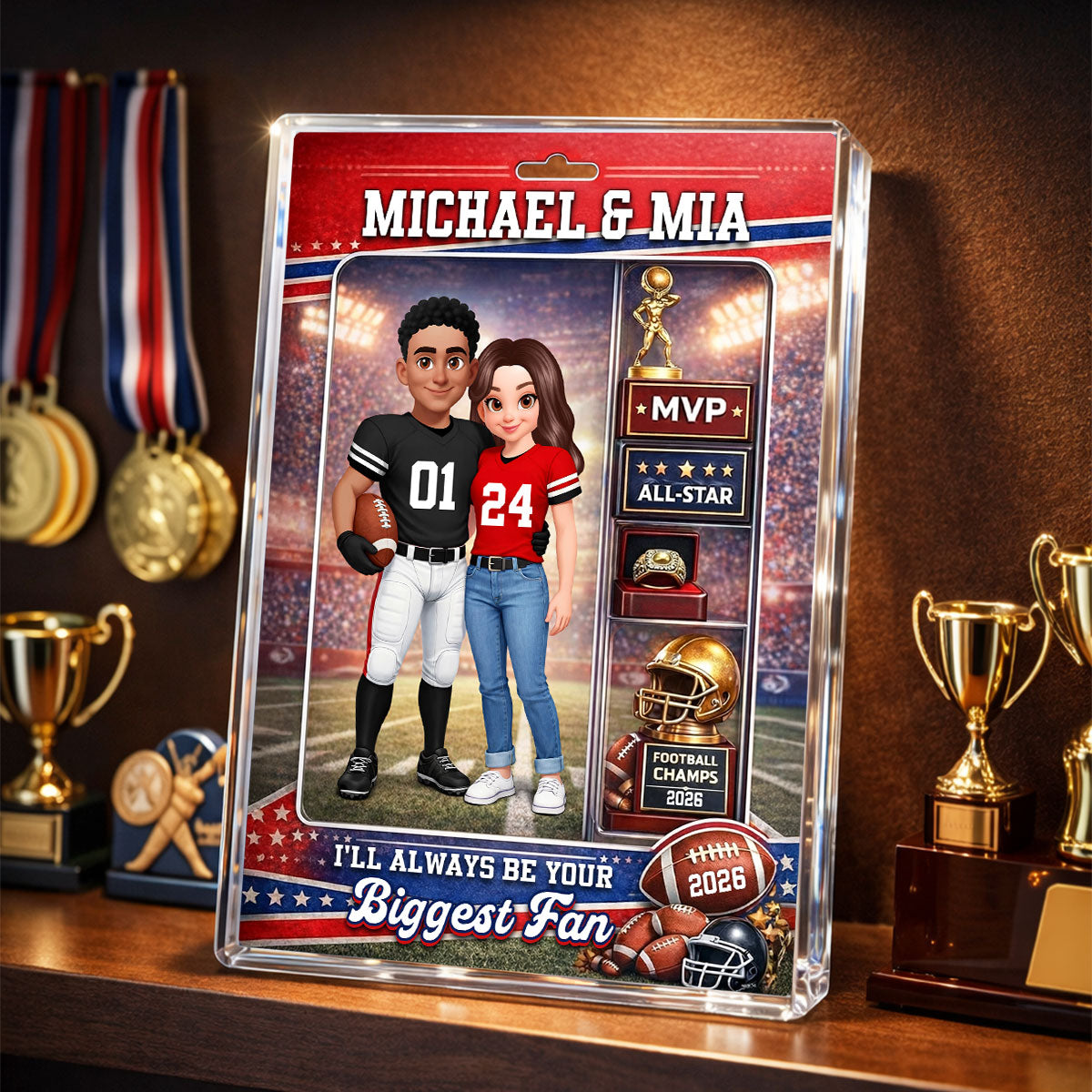 Football Couple Action Figure - Personalized Acrylic Block Plaque - Anniversary, Valentine's Day Gift, Gift For Him, Gift For Her