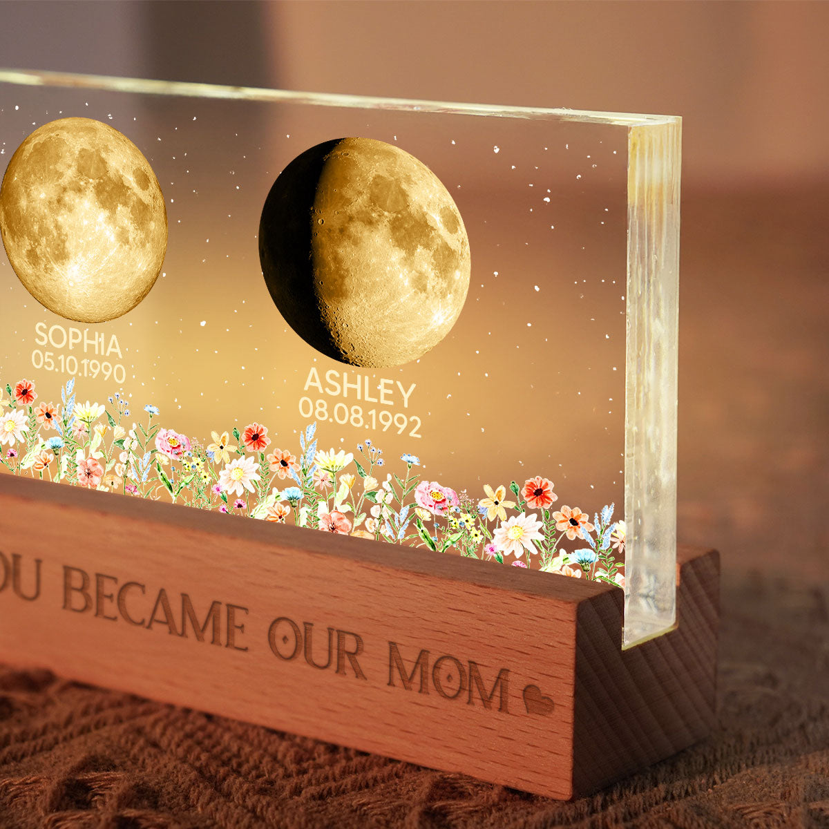 Floral Custom Birth Moon Phase The Day You Become Our Mom - Personalized Acrylic Block LED Night Light - Heartfelt Gift For Mom