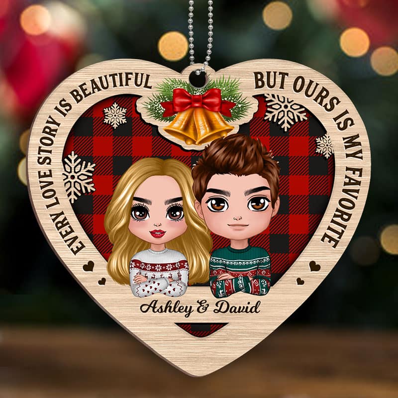 Checkered Pattern Heart Shape Doll Couple Personalized Wooden Ornament