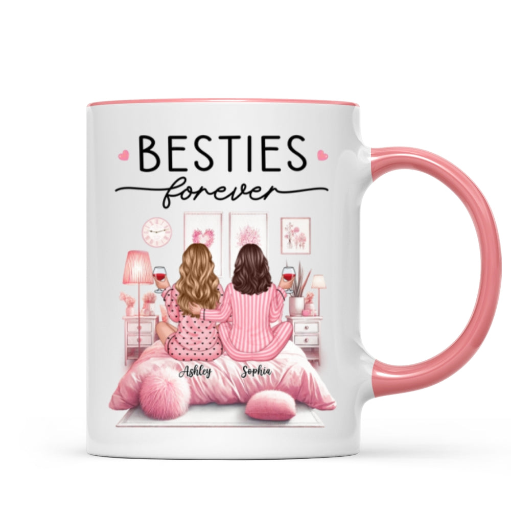 Pink Pajamas Besties In Cozy Room Personalized Mug, Heartfelt Gift For Best Friends, BFF