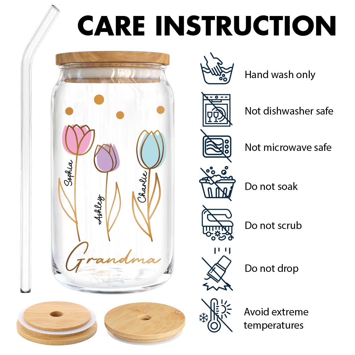 Grandma Mom Auntie Tulip Flowers Kids Names Personalized Clear Glass Can