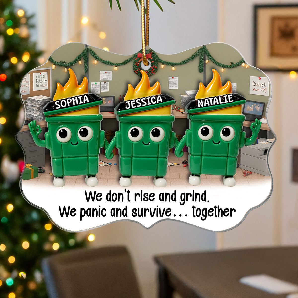 Thank You Work Besties 3D Effect Dumpster Fires - Personalized Acrylic Ornament - Funny Gift For Colleagues, Work Besties
