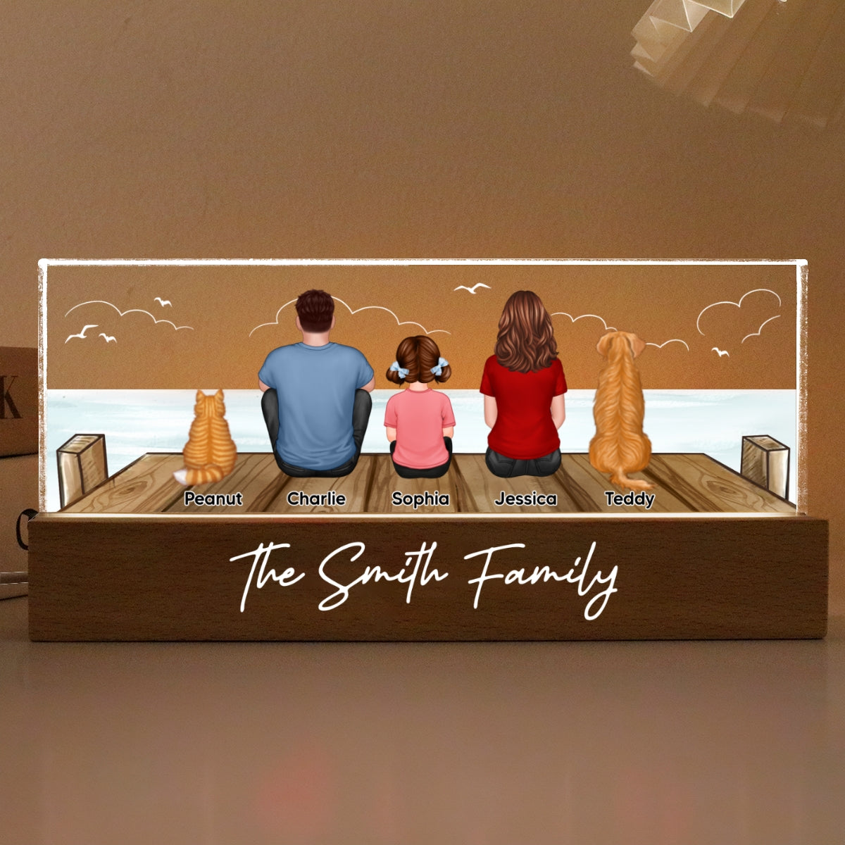 Family Sitting On The Bridge Personalized Acrylic Block LED Night Light, Gift For Family