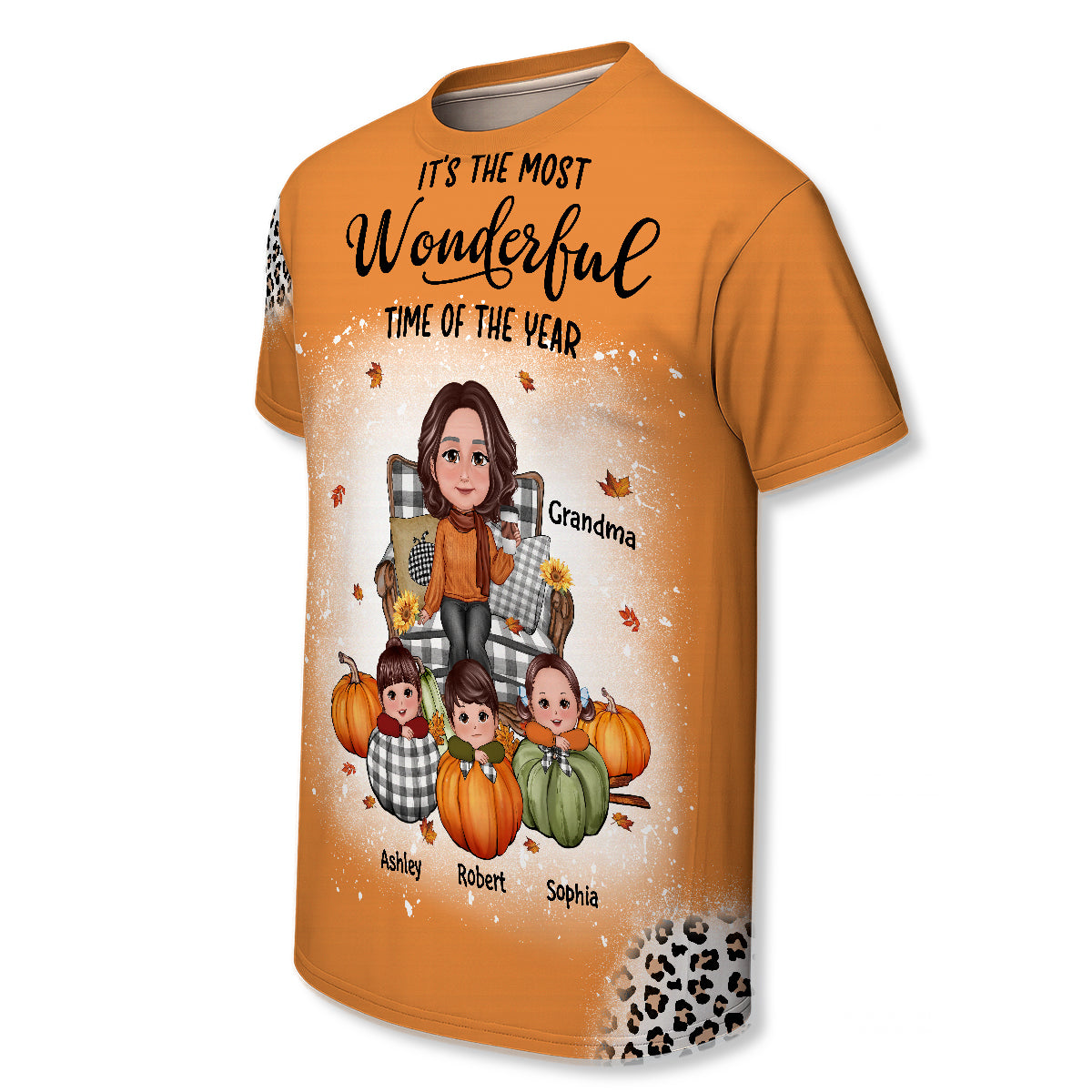 Grandma & Grandkids On Pumpkins Fall Season Theme With Leopard Pattern Personalized Shirt