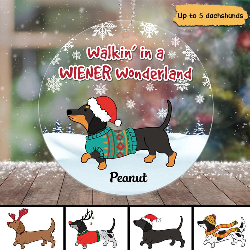 Dachshunds Walking In Wiener Wonderland Snow Background Personalized Acrylic Ornament