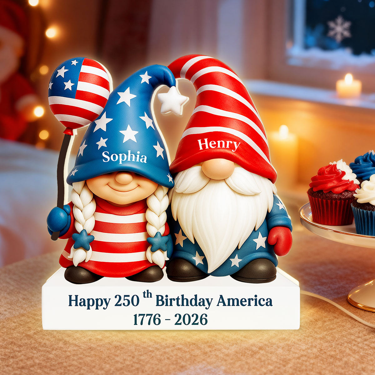 250th Anniversary American Gnome Couple - Personalized Light Box - Perfect Christmas Gift for Couple, for Her, for Him