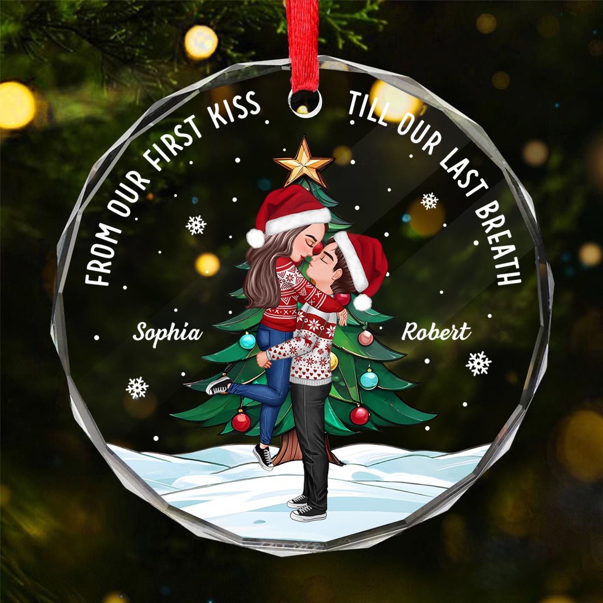Couple Hugging Kissing Christmas Tree Personalized Glass Ornament, Christmas Gift For Him, For Her