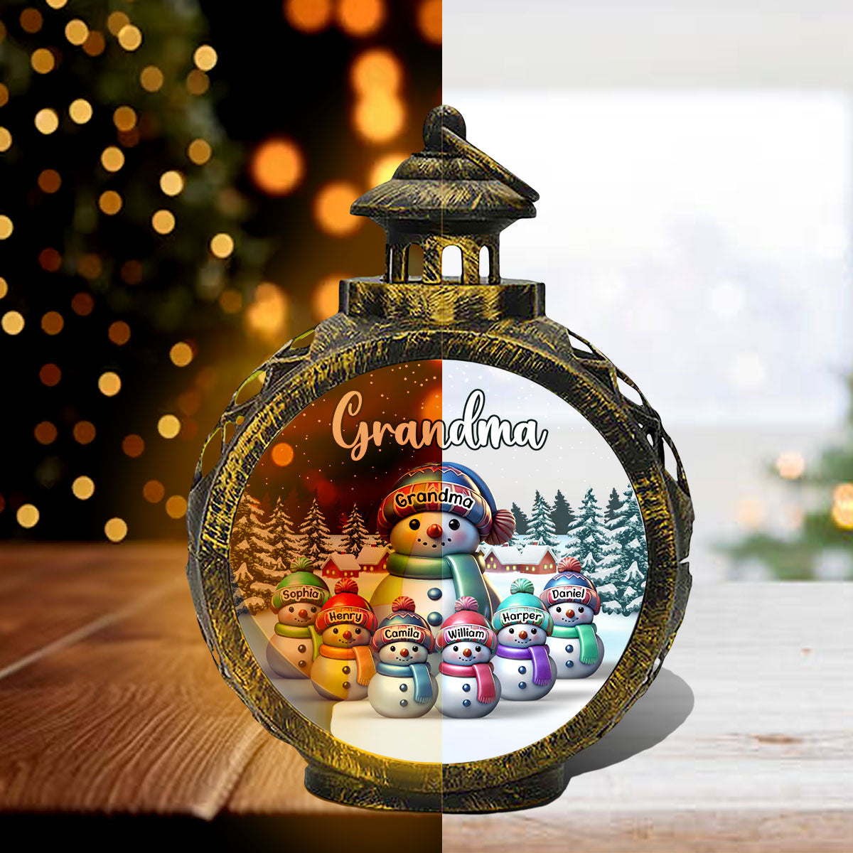 Winter Grandma & Grandkids Snowmen Christmas Personalized Lantern Ornament, Christmas Gift For Grandma, Grandkids