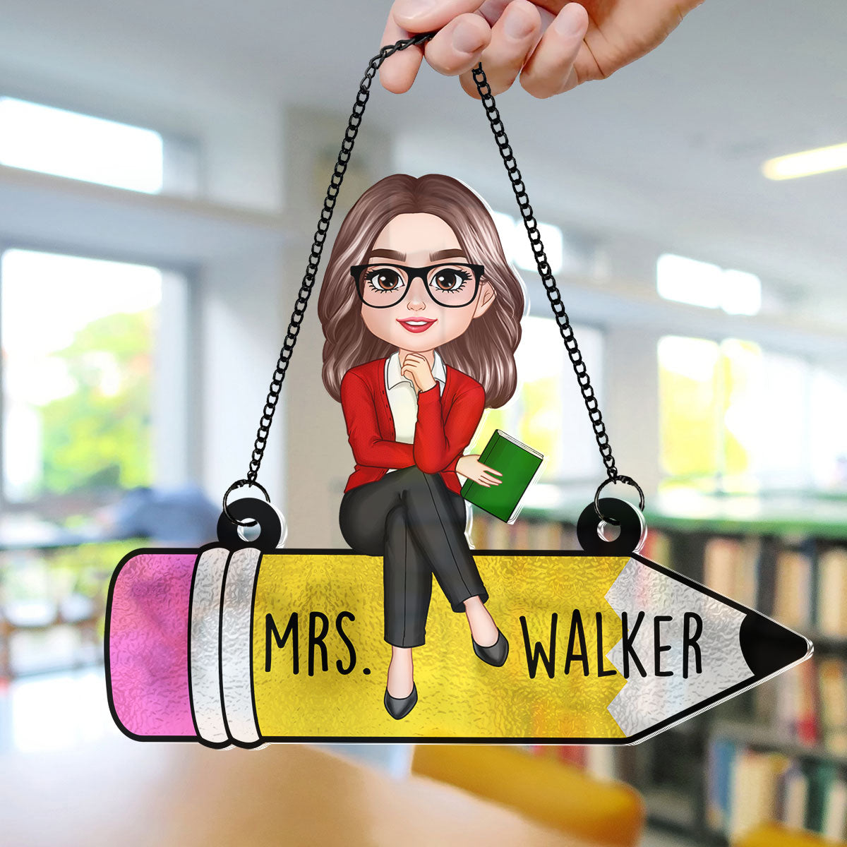 Teacher Sitting On Pencil Personalized Suncatcher, Teacher Appreciation Gift, Back To School Gift