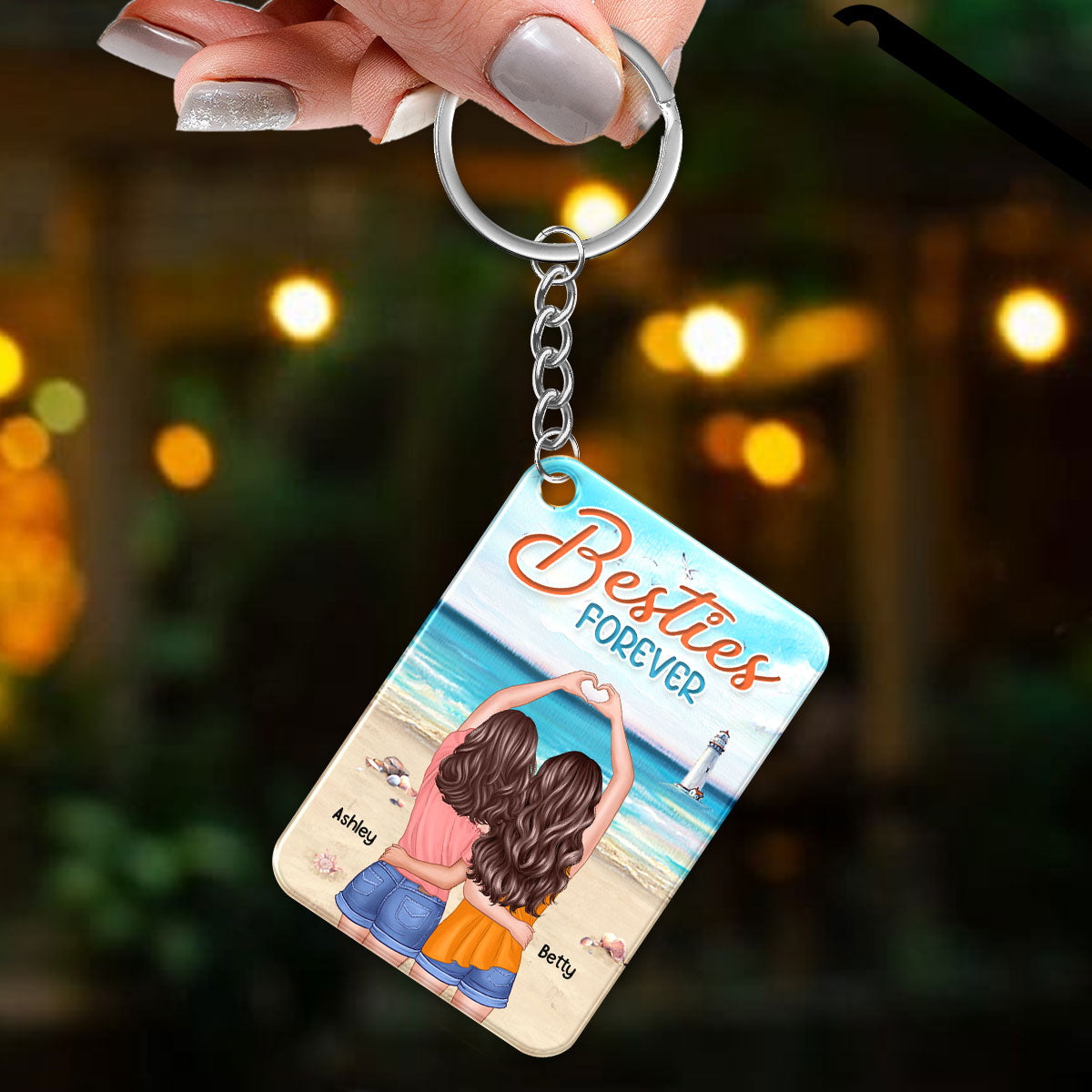 Beach Landscape Back View Heart Hands Besties Forever Personalized Acrylic Keychain