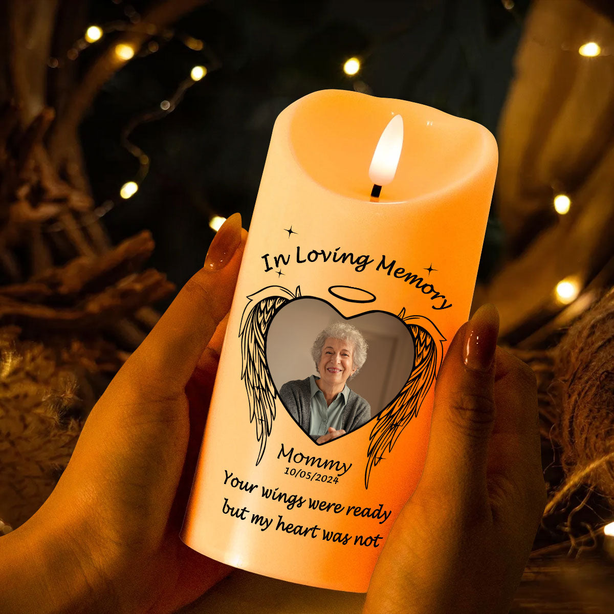 Memorial Angel Wings Personalized LED Candle, Custom Photo Sympathy Gift