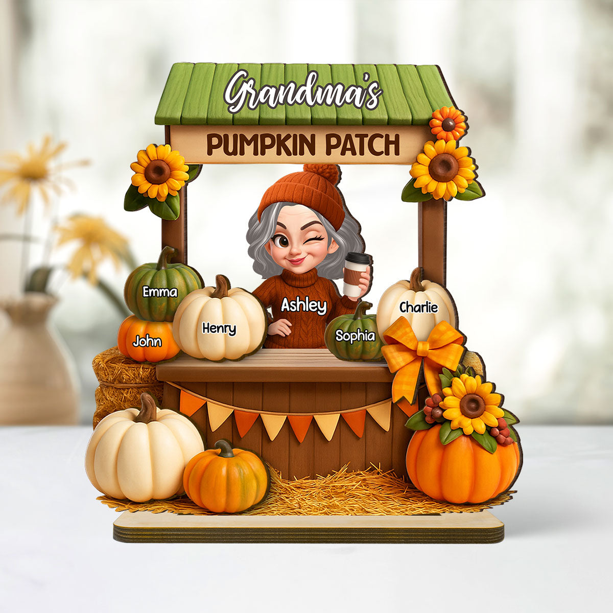 Grandma Mom Fall Season Pumpkin Stand 3D Effect Personalized Wooden Plaque