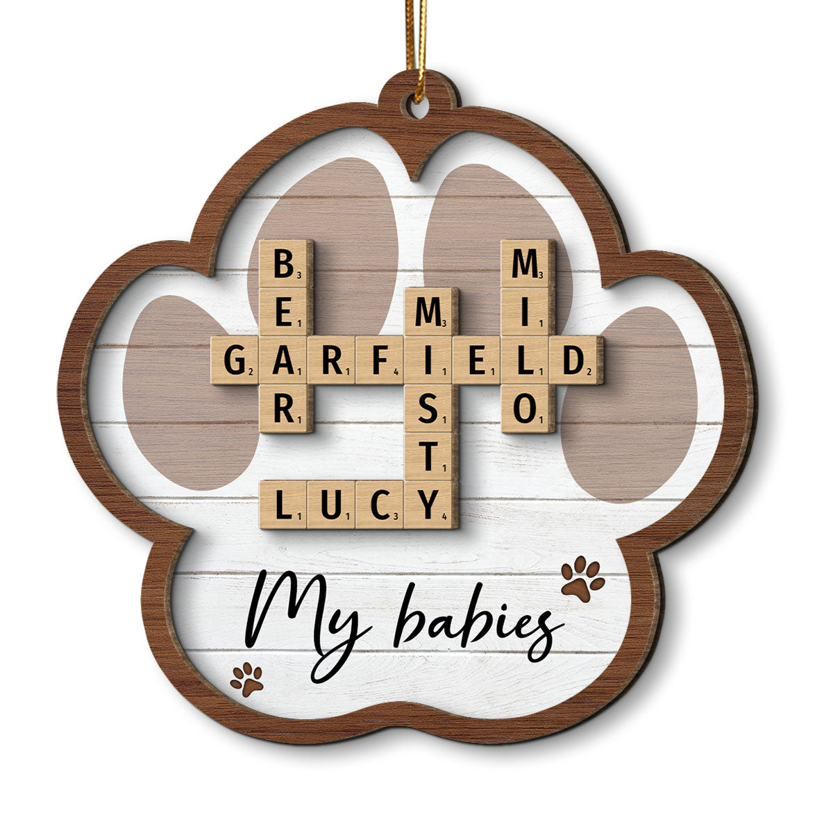 Pet Names Crossword Puzzle Art Personalized Paw Shaped 2-Layer Wooden Ornament [Can add up to 20 pet names]