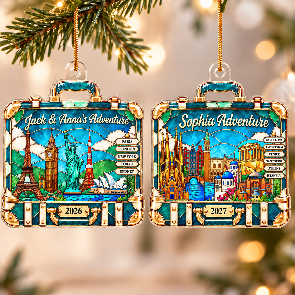 Custom Travel Adventure Suitcase Colorful Faceted Illustration 2D Flat Printed - Personalized Acrylic Ornament - Traveling Destination Keepsake, Christmas Gift For Traveling Lovers