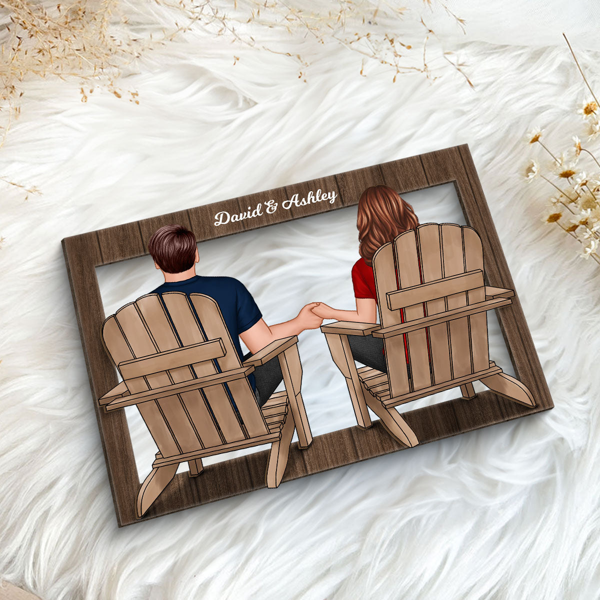 Back View Couple Sitting Beach Frame Personalized 2-Layer Wooden Plaque