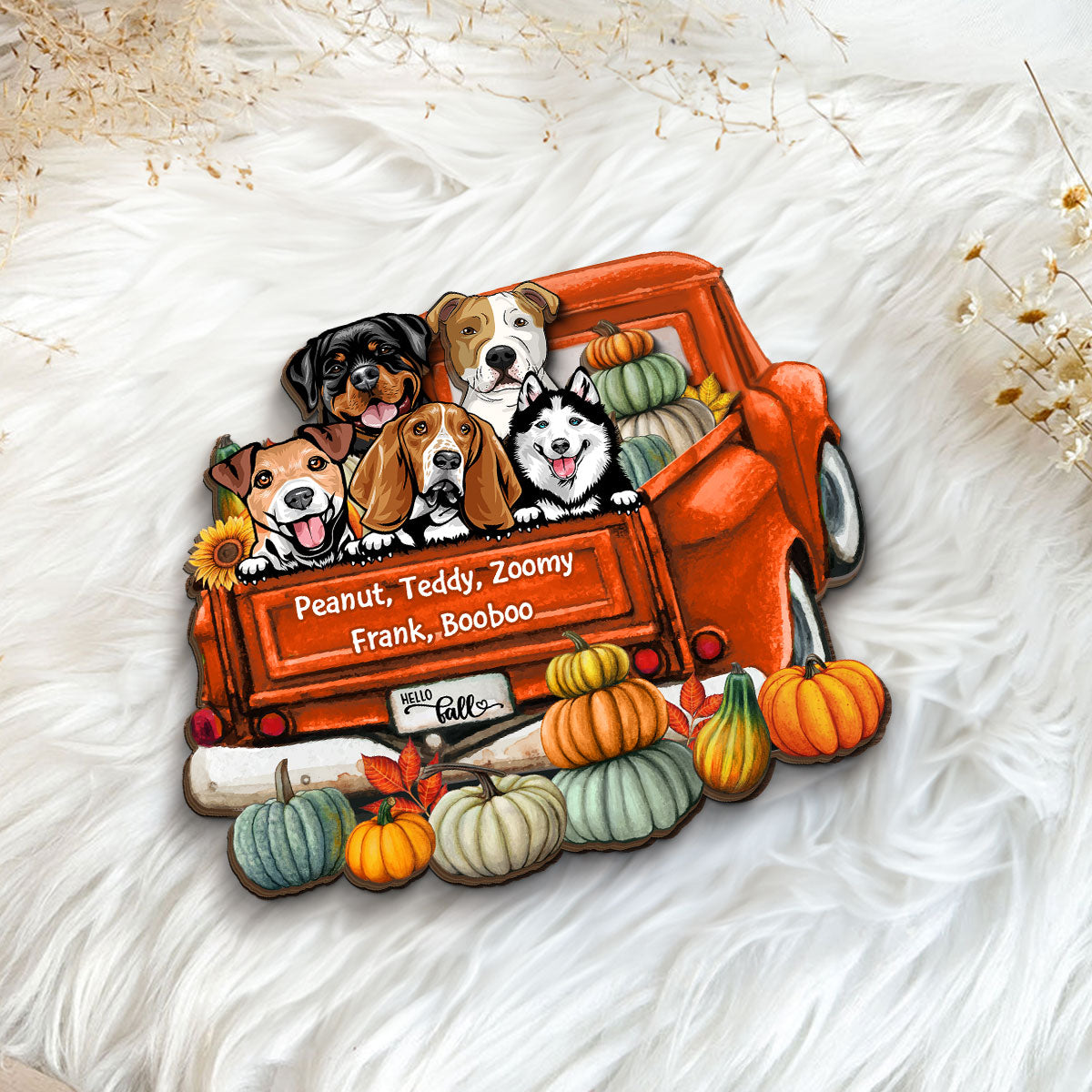 Hello Fall Dogs On Truck Personalized 2-Layered Wooden Plaque