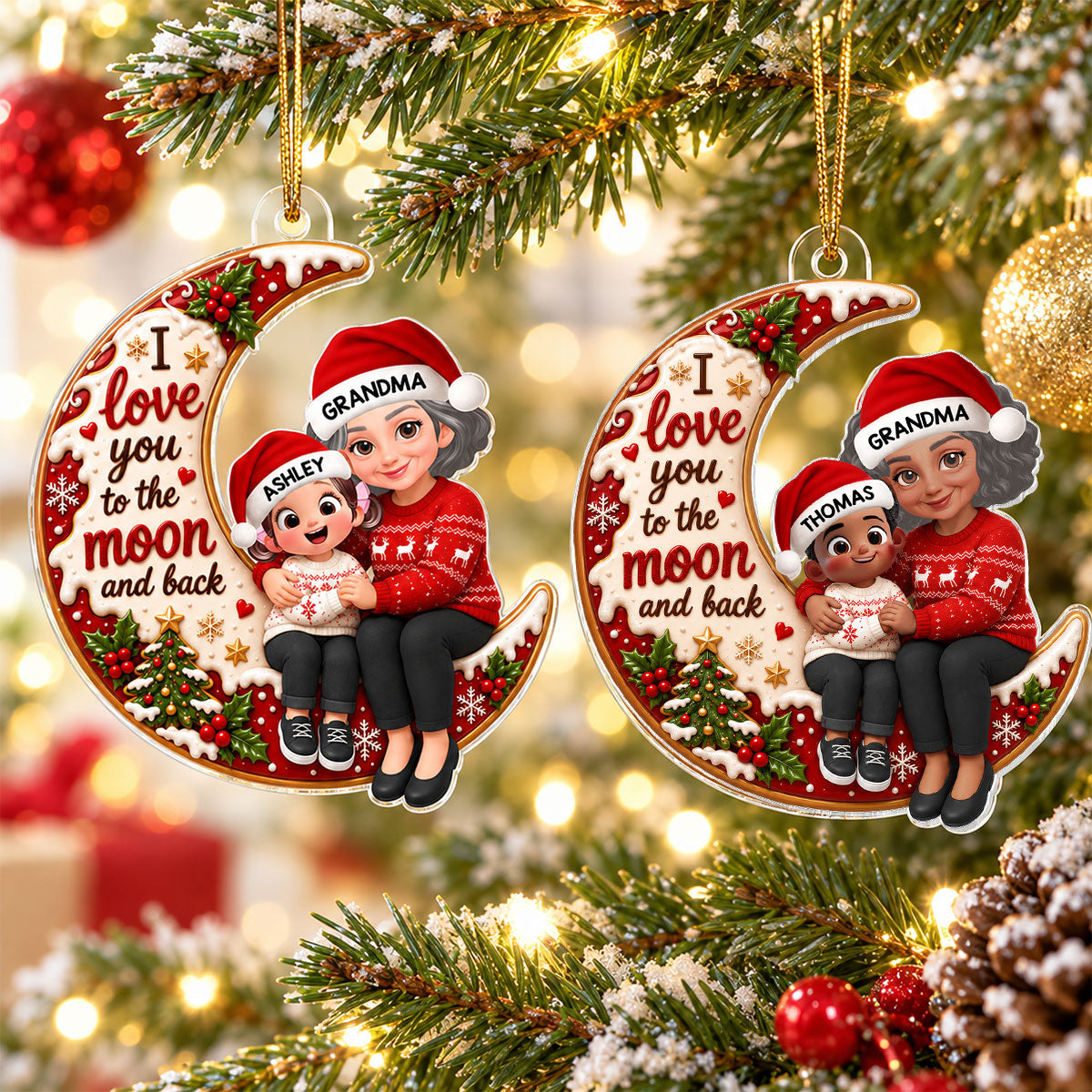 Endless Love Christmas Grandma Grandkid Love You To The Moon And Back - Personalized Acrylic Ornament - Gift For Grandma, Grandkids, Grandsons, Granddaughters