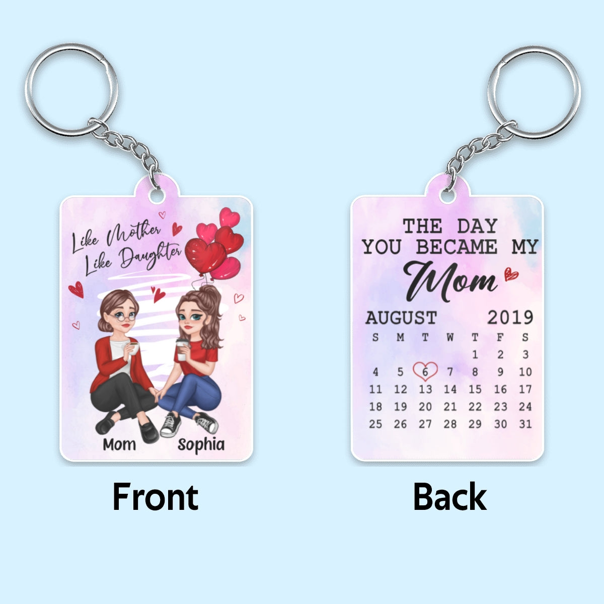 Red Hearts Watercolor Pretty Cartoon Mother Daughter Calendar Date Personalized Acrylic Keychain