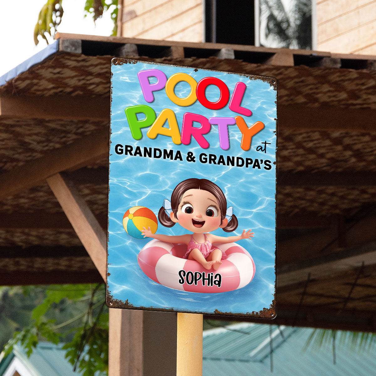 Pool Party at Grandma & Grandpa Personalized Metal Sign, Grandkids Summer Sign