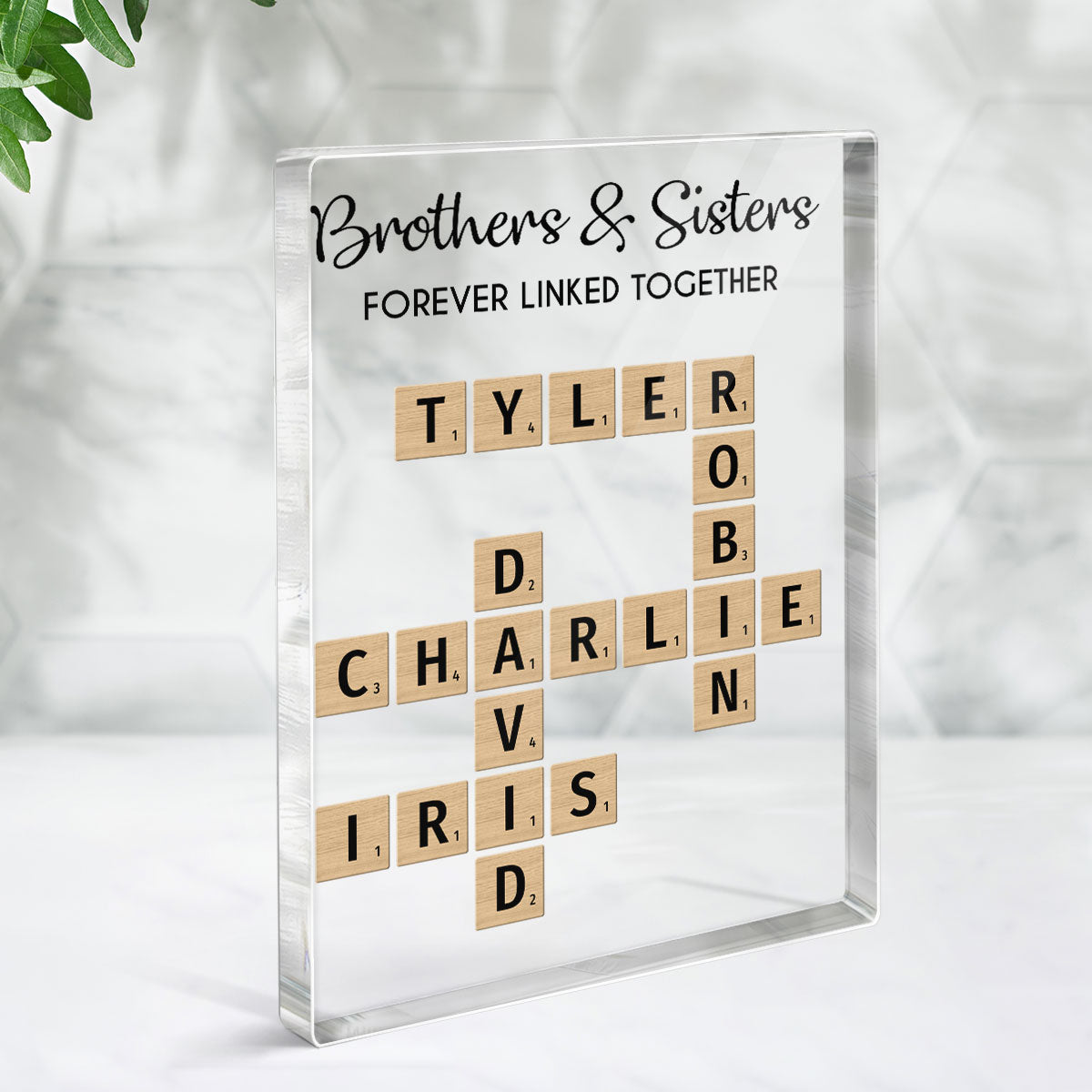 Brothers & Sisters Forever Linked Together Crossword Puzzle Art Personalized Rectangle Acrylic Block Plaque, Gift For Brothers, Sisters, Siblings, Family