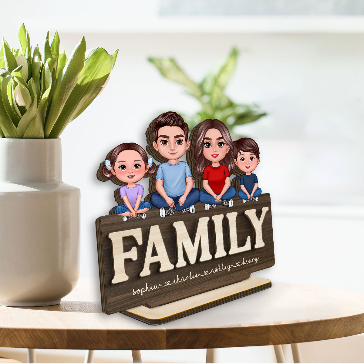 Whole Family Crossed Legs Sitting On Word Dad Mom Kid Dog Cat Personalized 2-Layer Standing Wooden Plaque