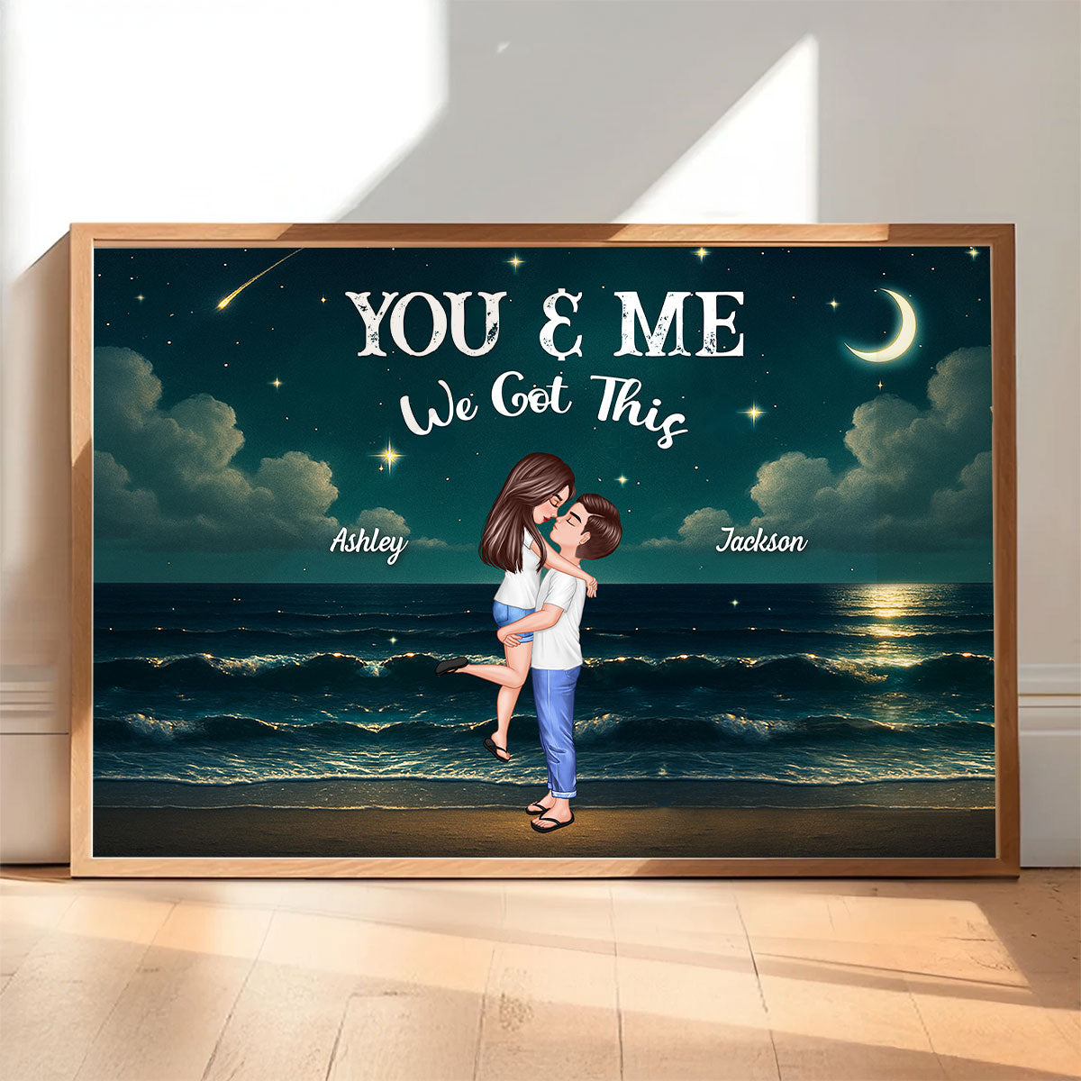 Night Beach Landscape Couple Hugging Kissing Personalized Poster, Unique & Meaningful Wall Art For Your Home