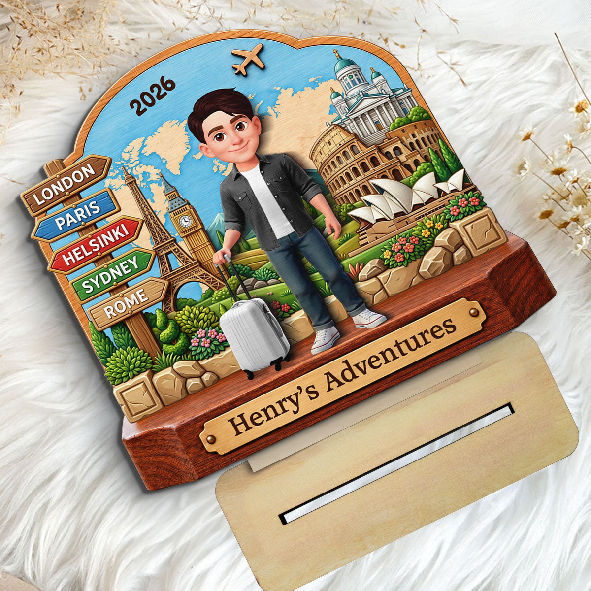 Travel Destination Landmarks 2D Flat Printed - Personalized 2-Layered Wooden Plaque - Traveling Keepsake, Gift For Travel Travel Lovers