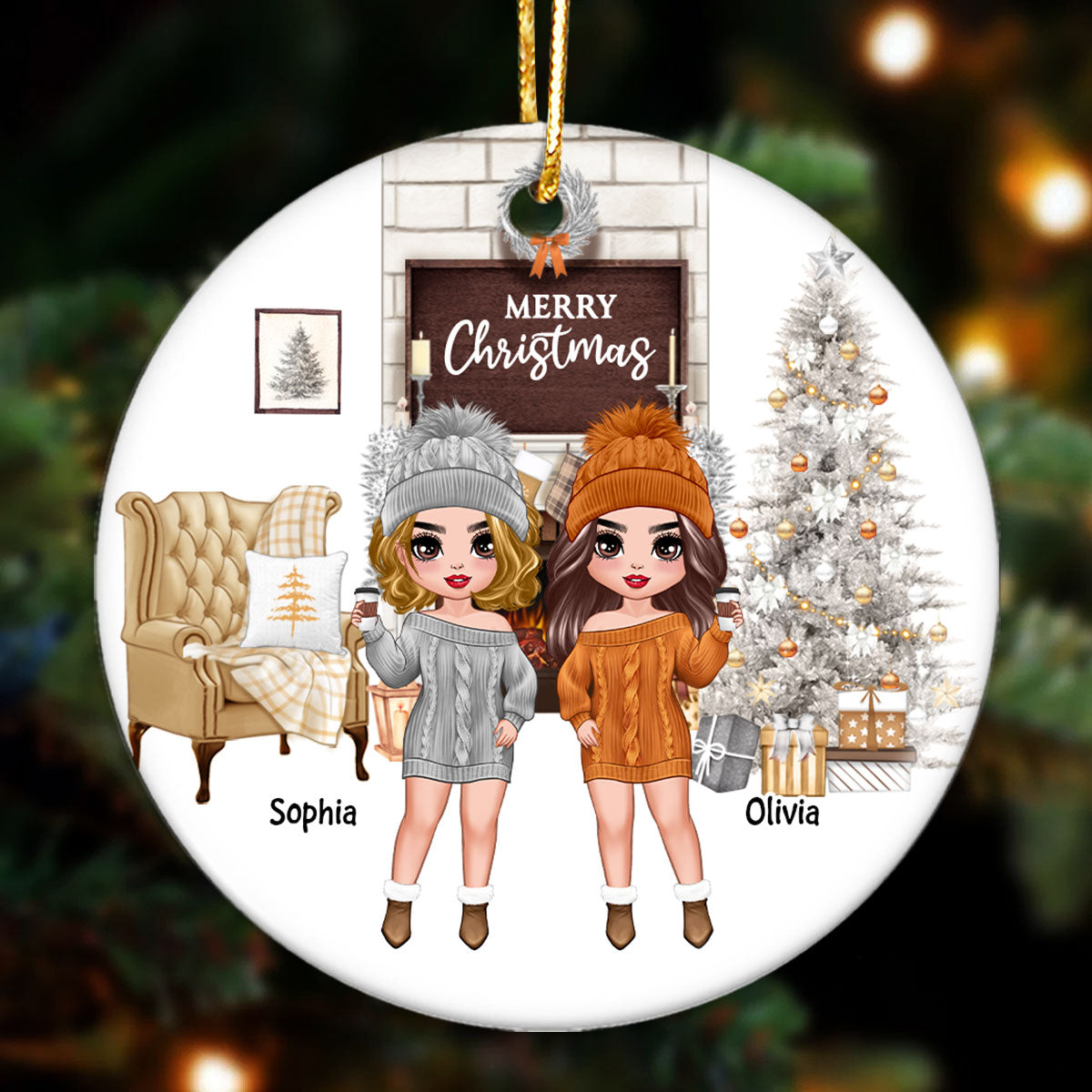 Orange And White Christmas Doll Besties Sisters Standing Personalized Circle Ornament