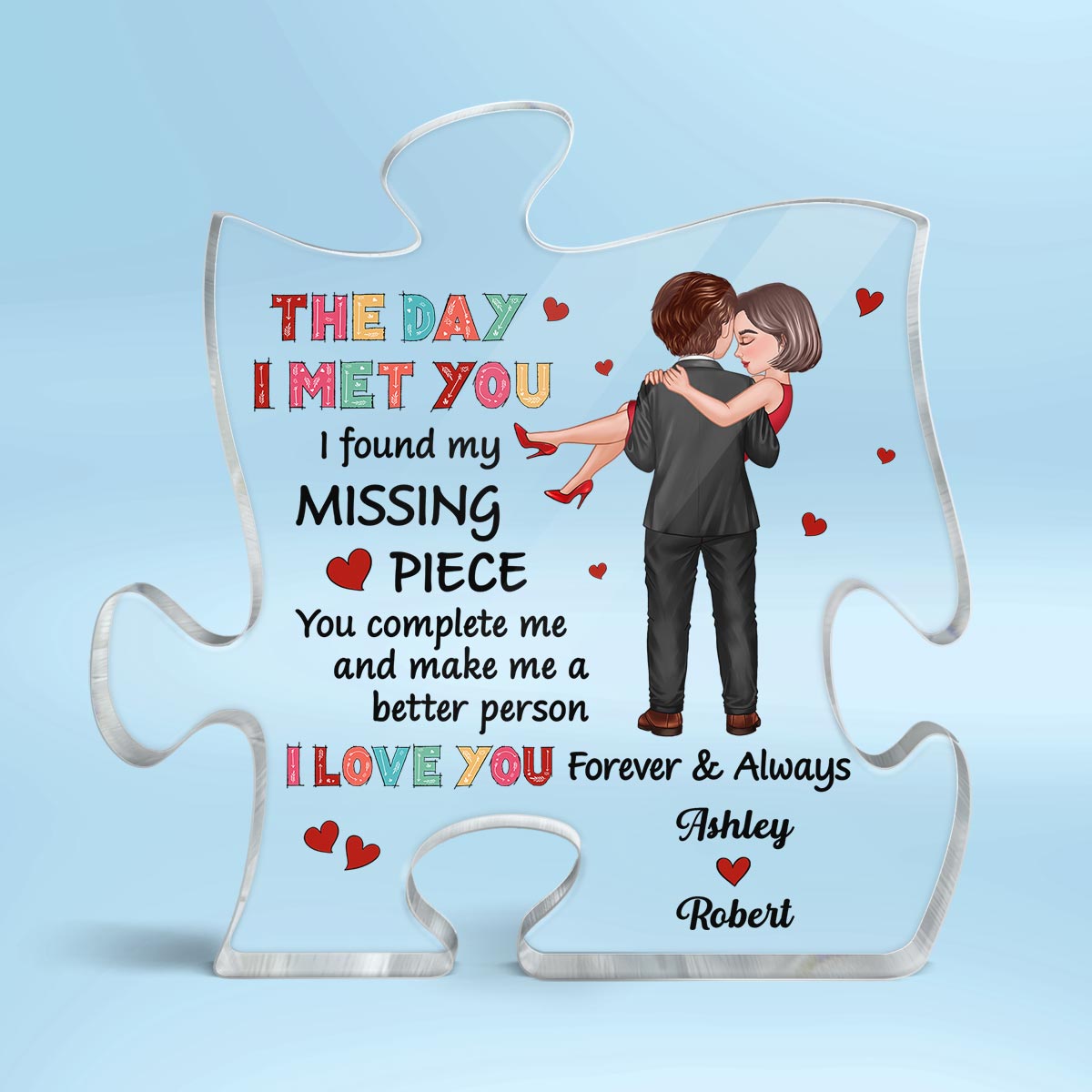 Colorful Pattern Embracing Hugging Couple Personalized Puzzle Acrylic Plaque