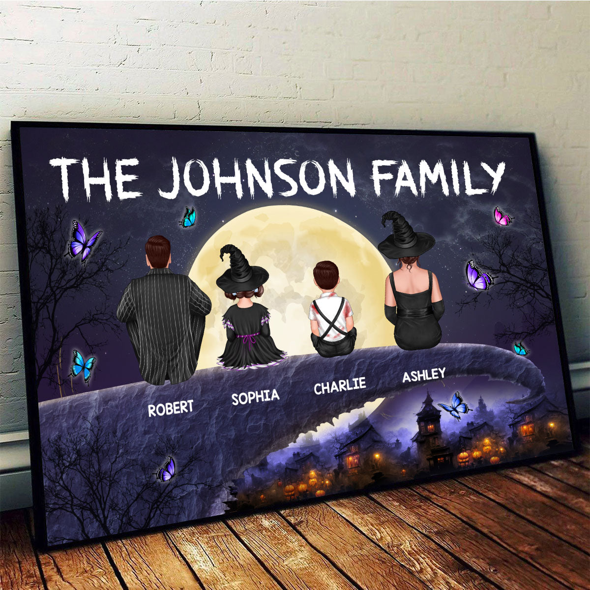 Halloween Family Back View Sitting On Cliff Personalized Horizontal Poster