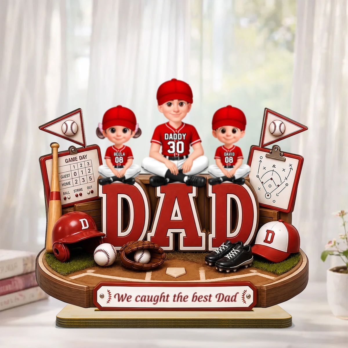 Baseball Dad Kids We Caught The Best Dad - Personalized 2-Layered Wooden Plaque - Father's Day Gift For Dad, Husband