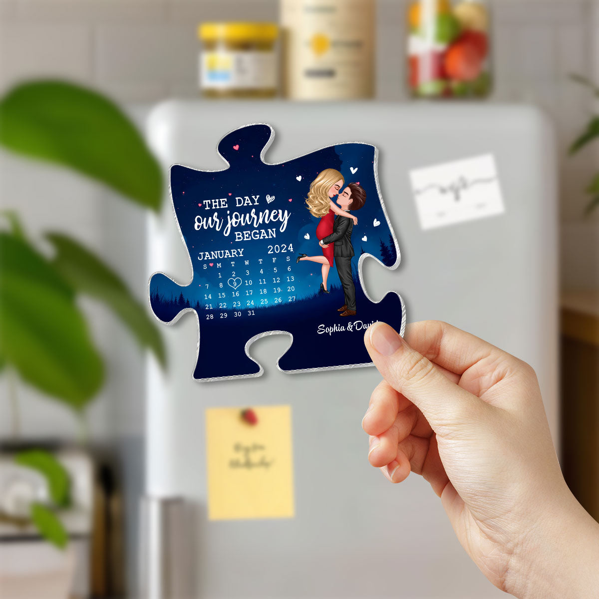 The Day Journey Began Couple Hugging Kissing Anniversary Calendar Keepsake Puzzle Shaped Personalized Acrylic Fridge Magnet