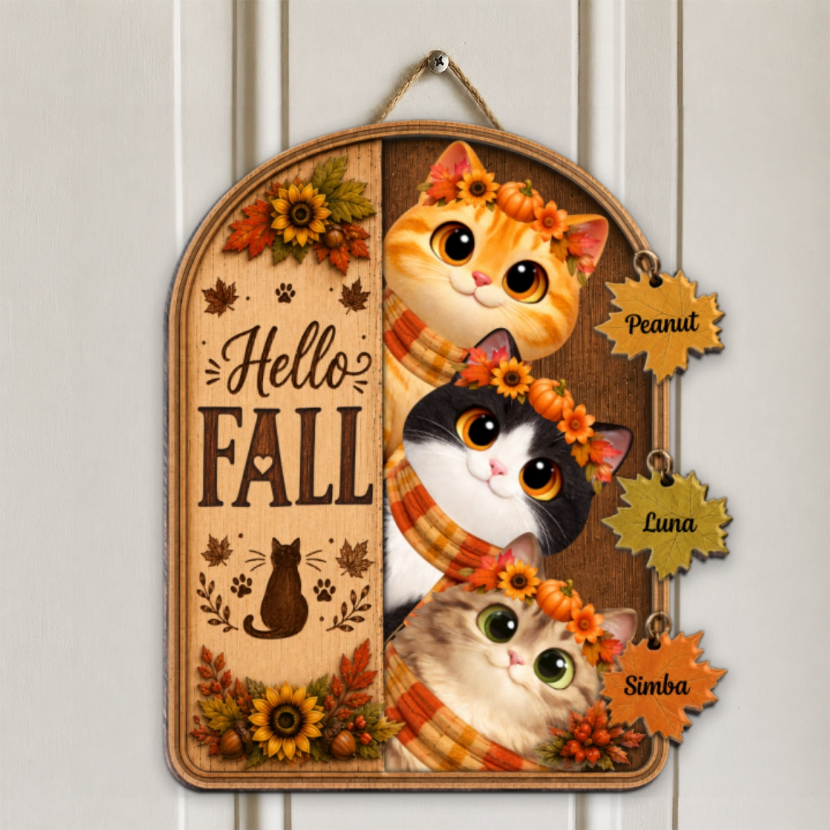 Hello Fall Peeking Cats 2D Flat - Personalized Door Sign - Fall Season Decor For Cat Lovers