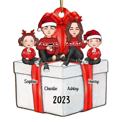Cute Family Sitting On Christmas Gift Personalized Wooden Ornament