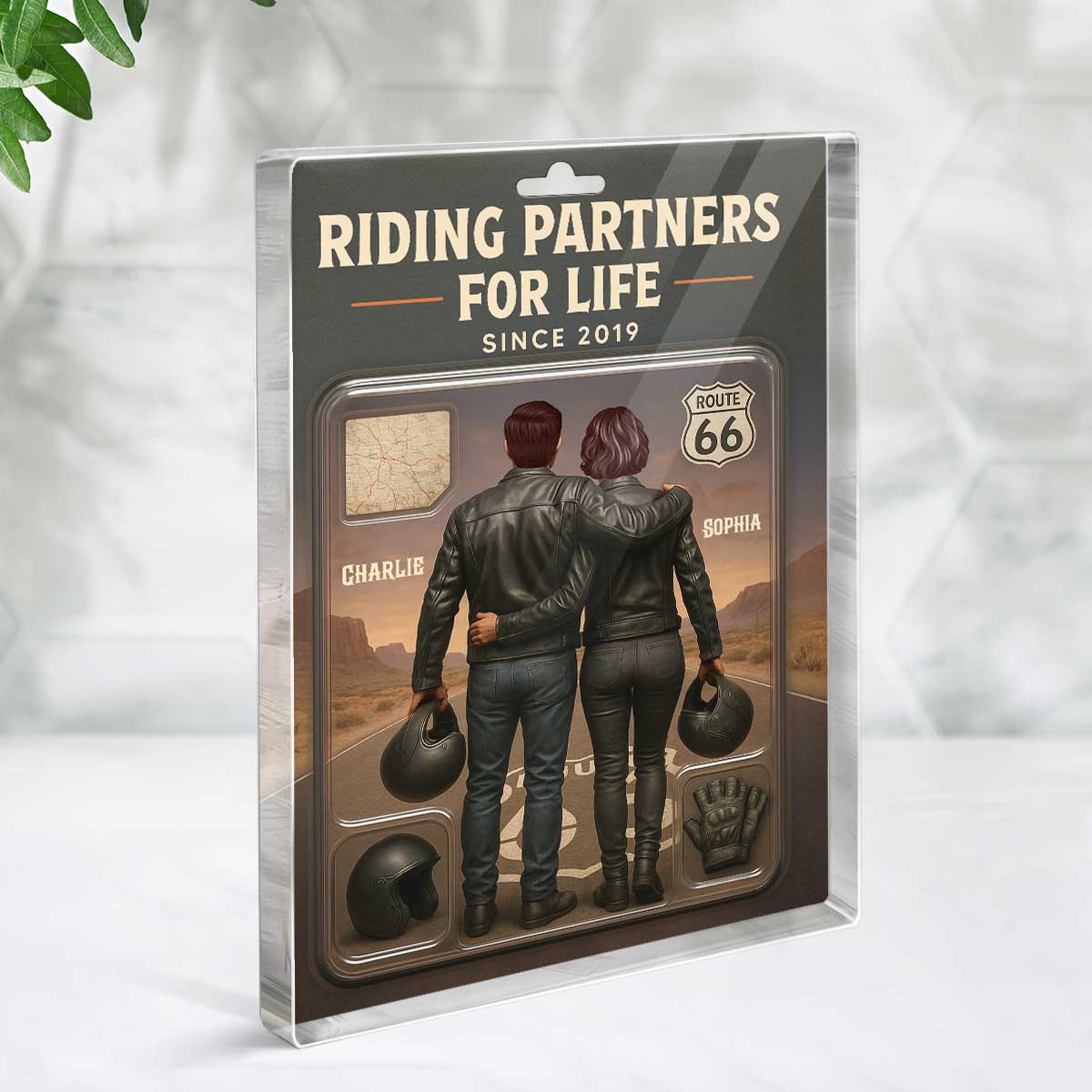 3D Effect Custom Figure Couple Bikers Riding Partners For Life Personalized Flat Acrylic Block, Birthday Gift, Wedding Gift, Anniversary Gift For Bikers