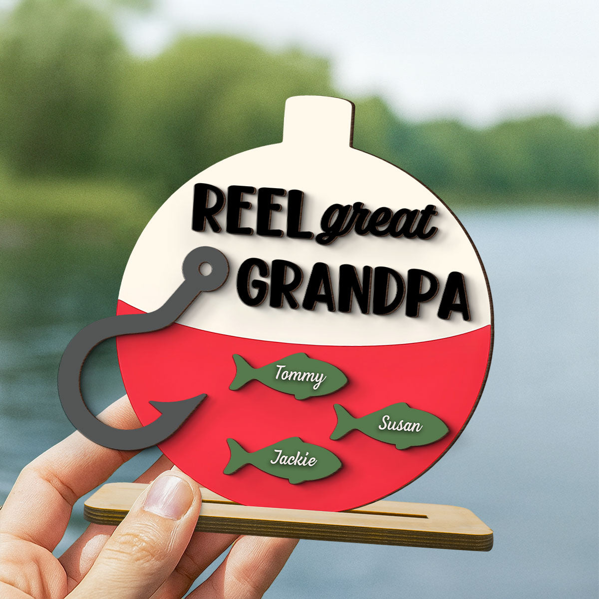 Reel Great Dad Grandpa Personalizd 2-Layer Standing Wooden Plaque, Father's Day gift for Fishing Dad Grandpa